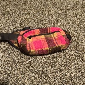 Nobo Pink/ orange plaid faux Sherpa Fanny pack bag new